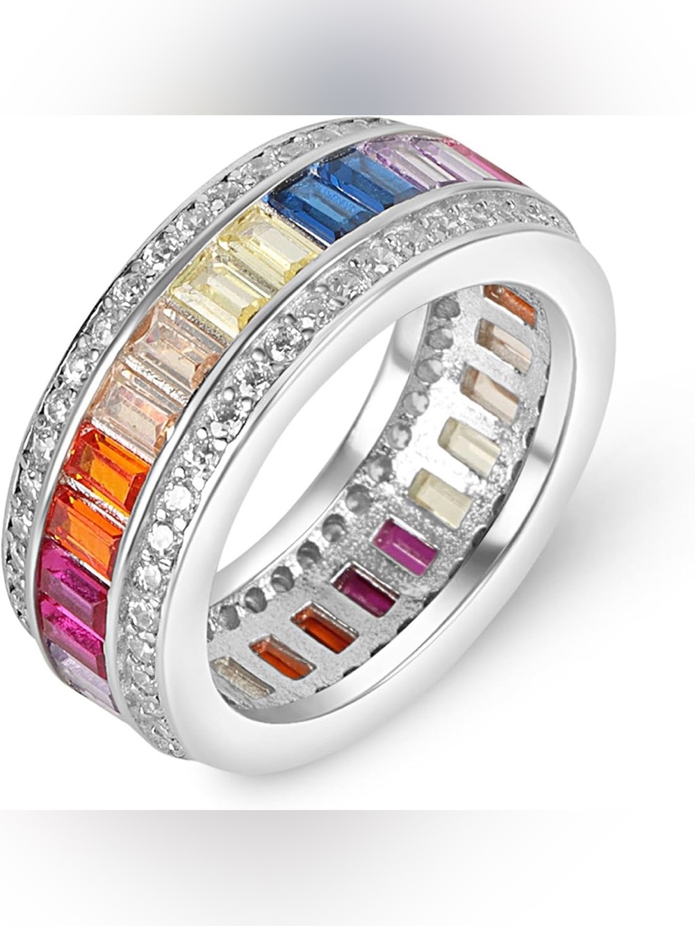 Women's Rainbow Gemstone Eternity Band Ring 925 Silver sz 9 - Picture 3 of 11